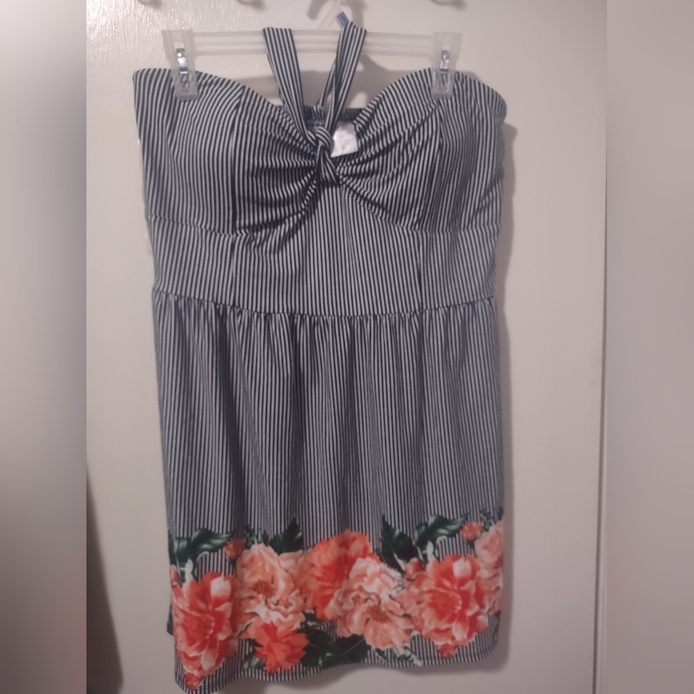 No Boundaries Black and White Striped Mini Dress with Floral Design